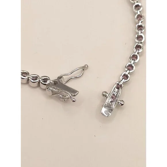 Silver Tone Tennis Bracelet With Pink CZ Stones & Secure Clasp - Picture 5 of 11